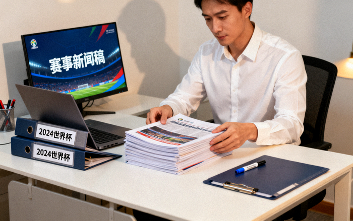 体育资讯编辑室内工作人员整理赛事新闻素材的场景